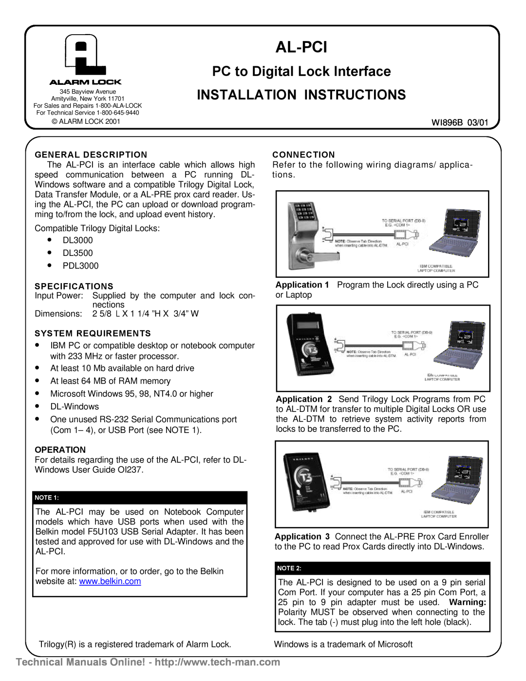 Belkin W1896B 03/01 technical manual Al-Pci, PC to Digital Lock Interface INSTALLATION INSTRUCTIONS, General Description 