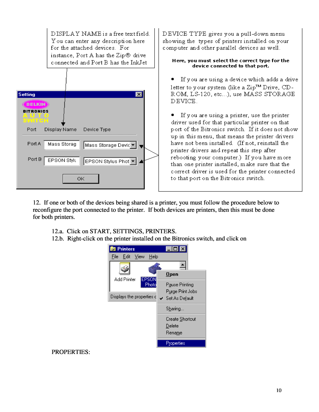 Belkin WINDOWS NT/2k/XP manual 12.a. Click on START, SETTINGS, PRINTERS, Properties 