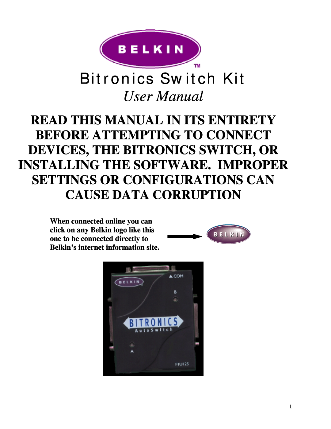 Belkin WINDOWS NT/2k/XP manual Bitronics Switch Kit, User Manual 