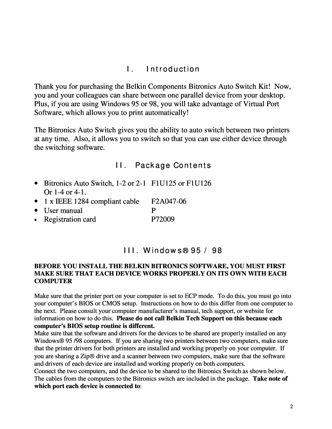 Belkin WINDOWS NT/2k/XP manual I. Introduction, II. Package Contents, III. Windows 95 