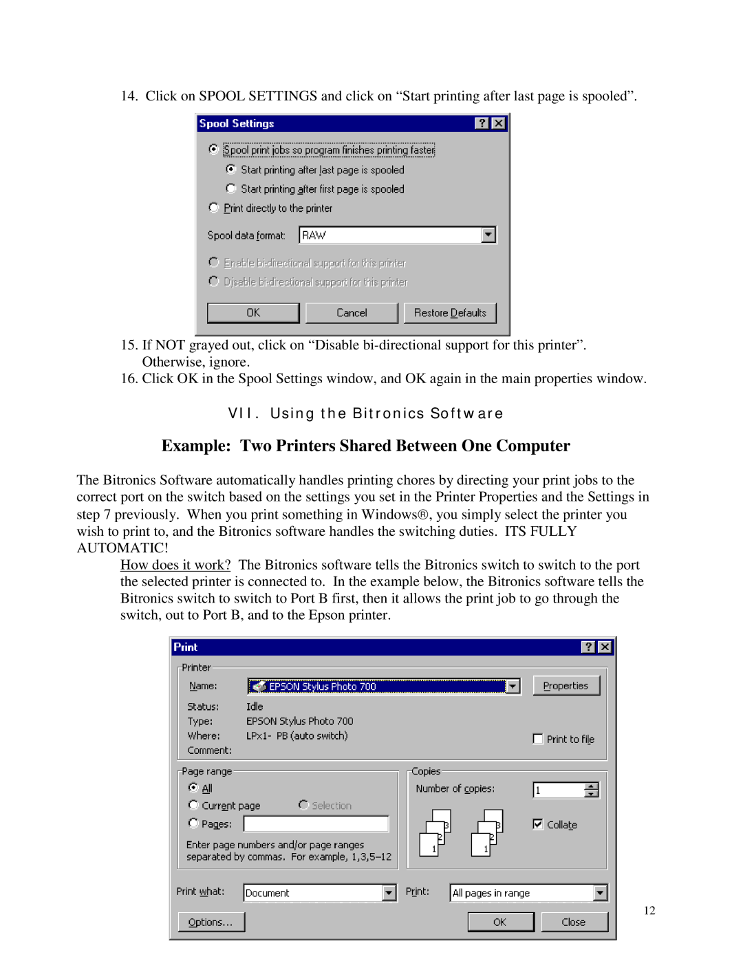 Belkin WINDOWS NT/2k/XP manual Example Two Printers Shared Between One Computer 