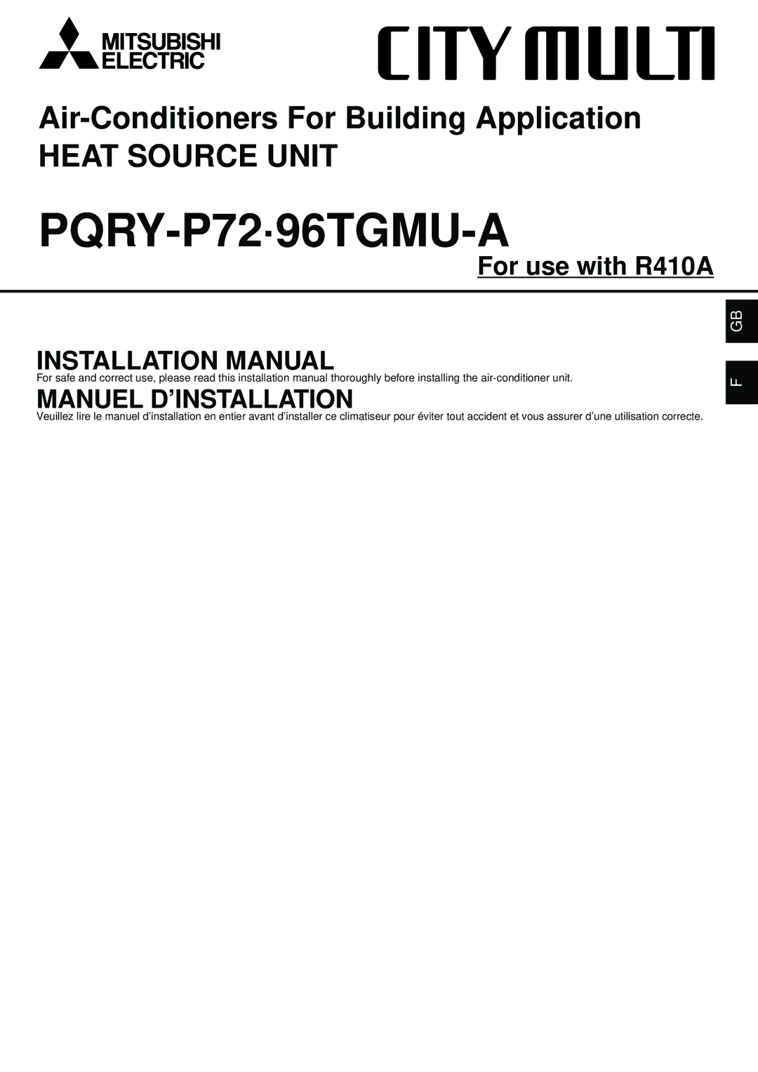 Bell Sports PQRY-P72-96TGMU-A installation manual PQRY-P72·96TGMU-A 