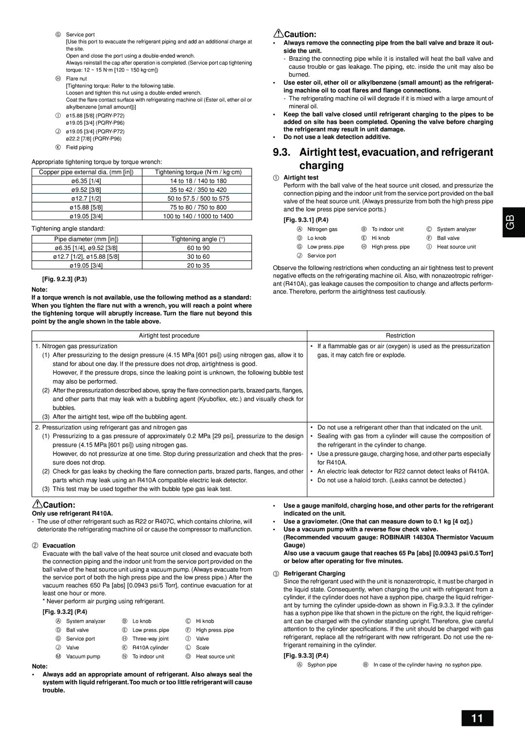 Bell Sports PQRY-P72-96TGMU-A Airtight test, evacuation, and refrigerant charging, Only use refrigerant R410A, Evacuation 