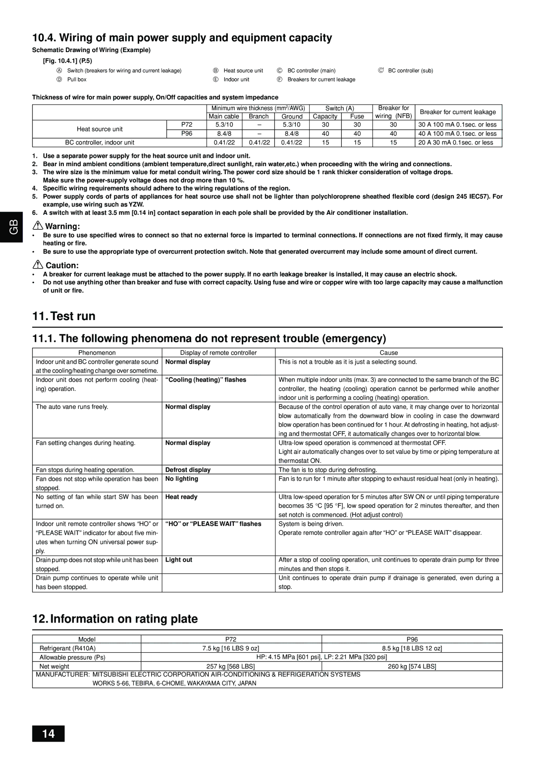 Bell Sports PQRY-P72-96TGMU-A Test run, Information on rating plate, Wiring of main power supply and equipment capacity 