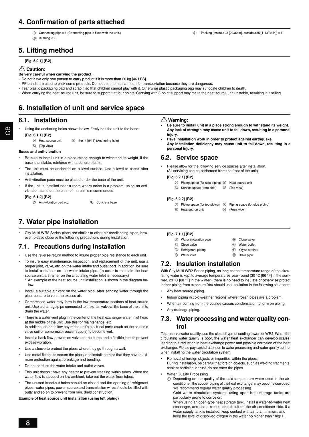 Bell Sports PQRY-P72-96TGMU-A Confirmation of parts attached, Lifting method, Installation of unit and service space 