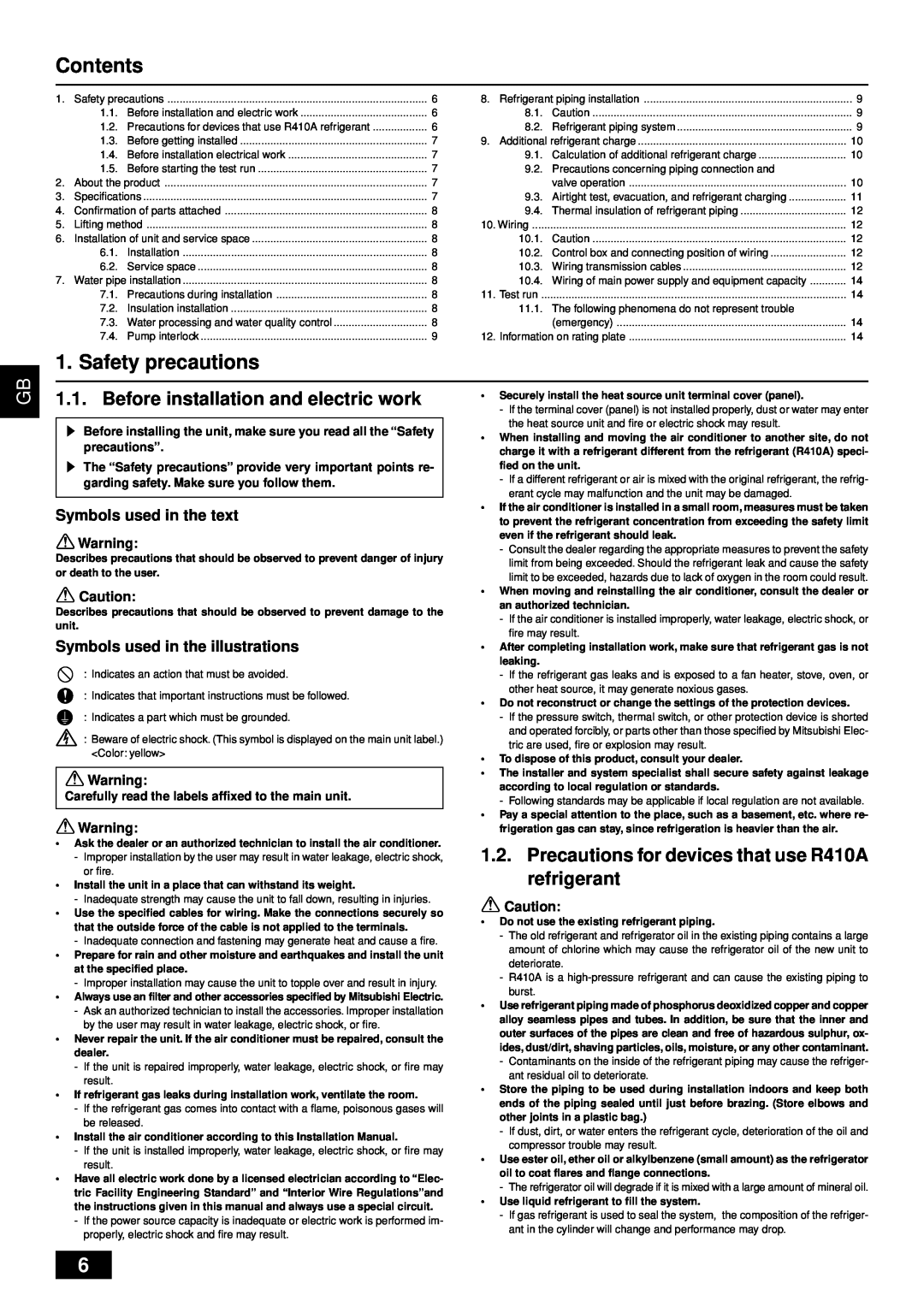 Bell Sports PQRY-P72-96TGMU-A installation manual Contents, Safety precautions, Before installation and electric work 