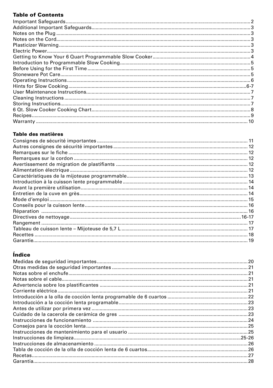 Bella Cucina BLA13722 manual Table of Contents, Índice 