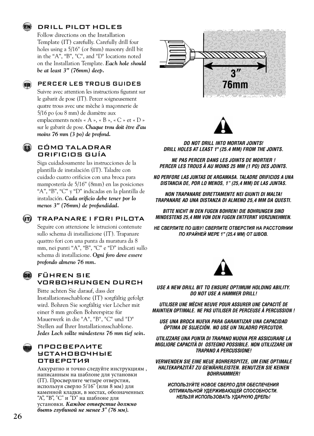 Bell'O 7610, 7612 manual Drill Pilot Holes, Percer LES Trous Guides, Cómo Taladrar Orificios Guía, Trapanare I Fori Pilota 