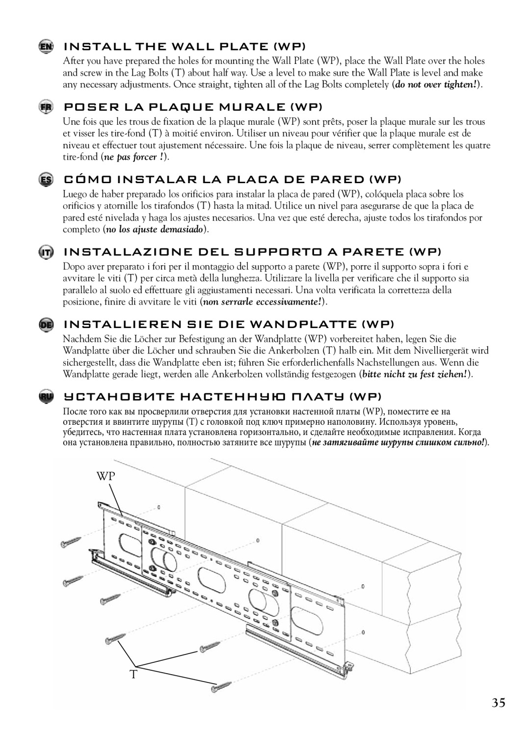 Bell'O 7640 instruction manual Install the Wall Plate WP, Poser LA Plaque Murale WP, Cómo Instalar LA Placa DE Pared WP 