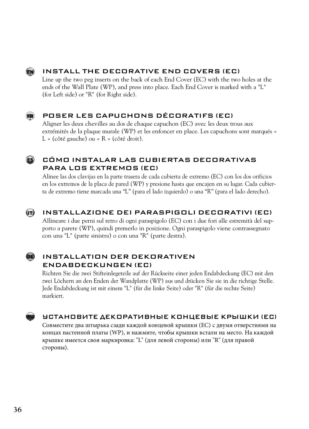 Bell'O 7640 instruction manual Install the Decorative END Covers EC, Poser LES Capuchons Décoratifs EC 