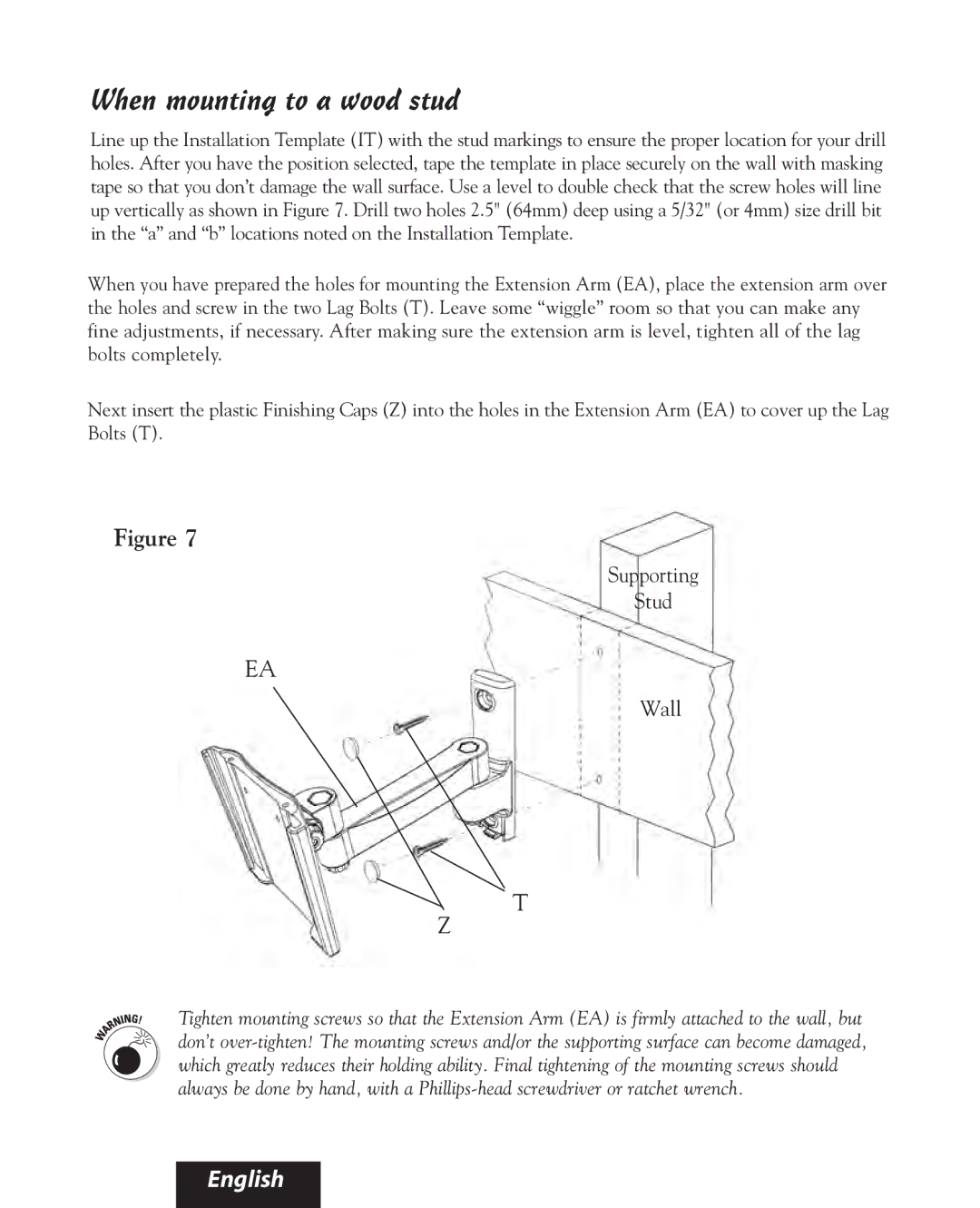 Bell'O 8160, 8165 manual When mounting to a wood stud, Supporting Stud Wall 