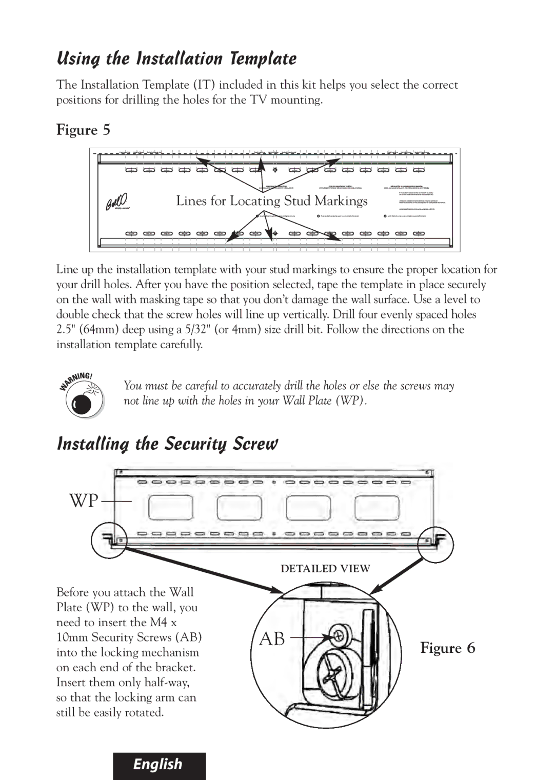 Bell'O 8315, 8325 manual Using the Installation Template, Installing the Security Screw 