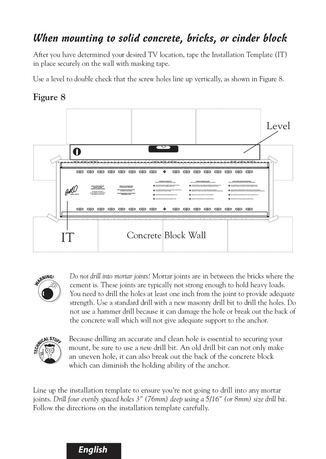 Bell'O 8315, 8325 manual When mounting to solid concrete, bricks, or cinder block, Level 