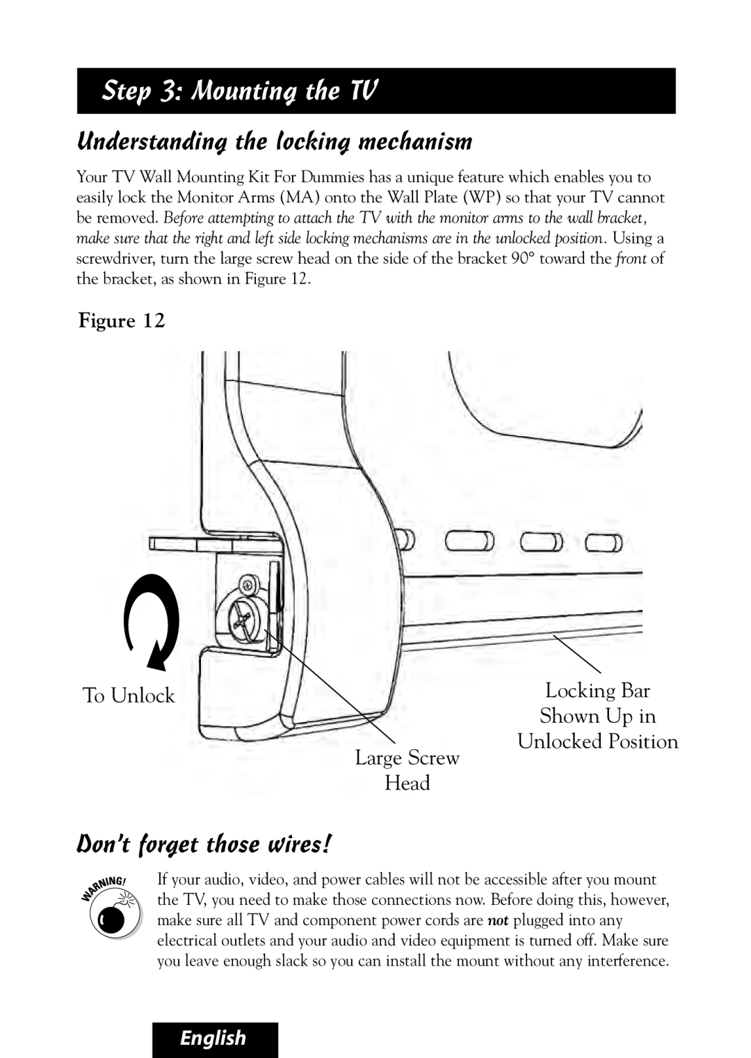 Bell'O 8315, 8325 manual Mounting the TV, Understanding the locking mechanism, Don’t forget those wires 