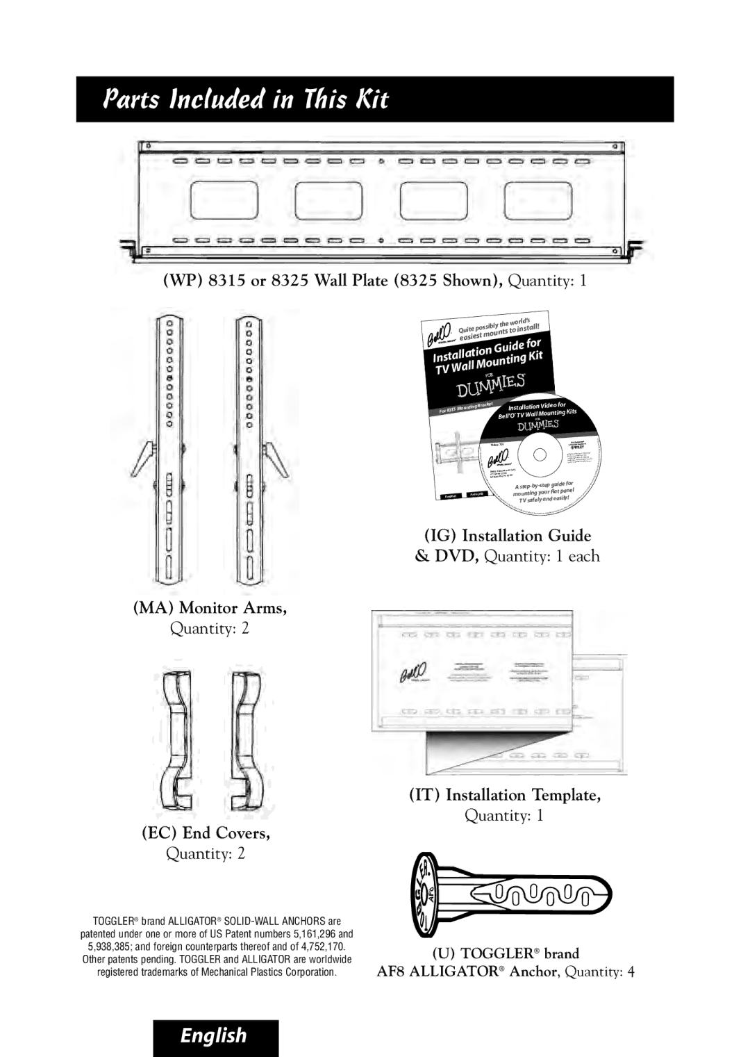 Bell'O manual Parts Included in This Kit, WP 8315 or 8325 Wall Plate 8325 Shown, Quantity 