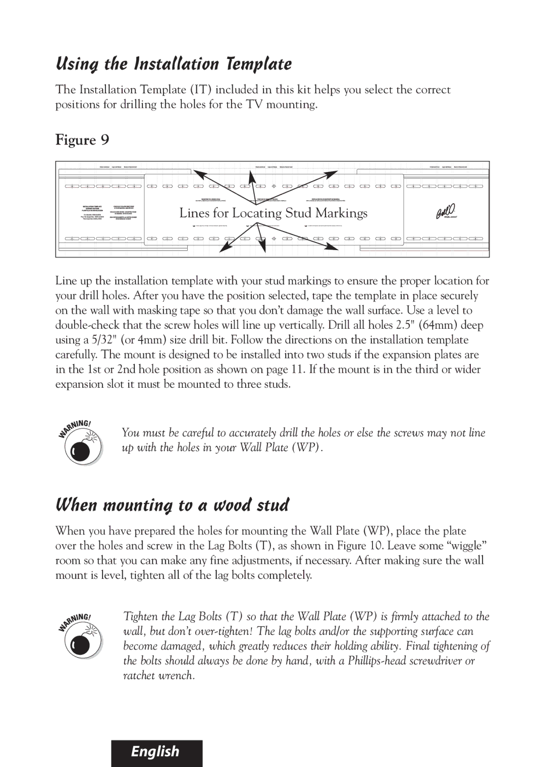 Bell'O 8335 manual Using the Installation Template, When mounting to a wood stud 