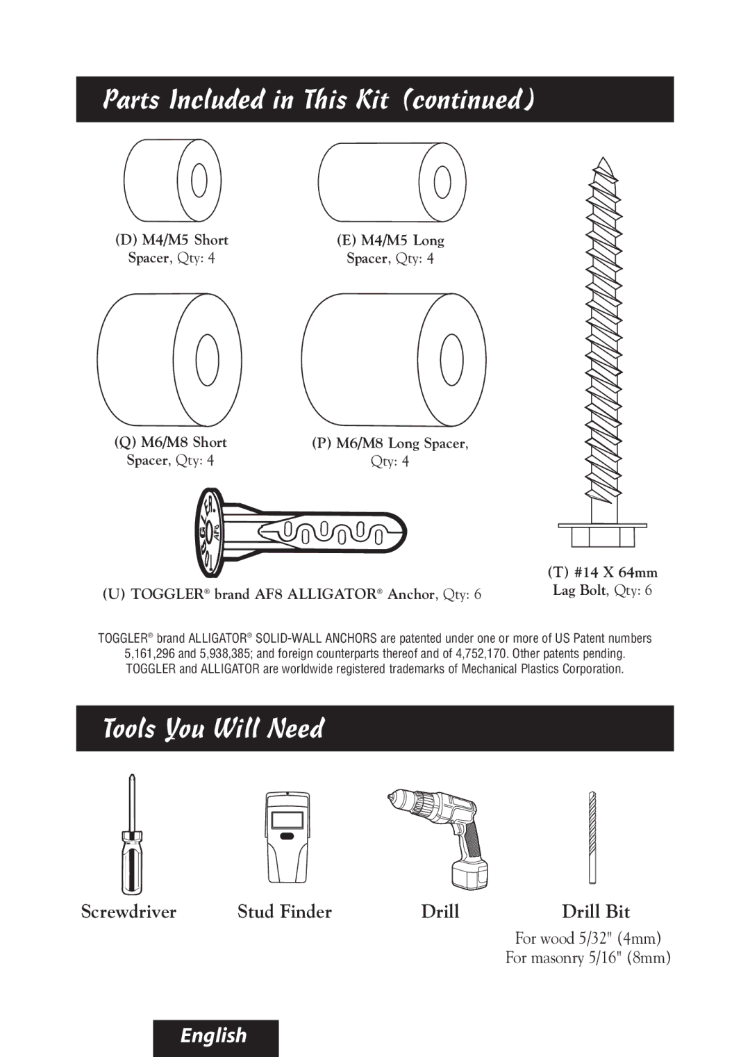 Bell'O 8335 manual Tools You Will Need, Toggler brand AF8 Alligator Anchor , Qty 