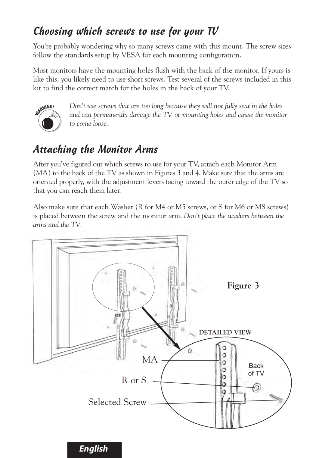 Bell'O 8335 manual Choosing which screws to use for your TV, Attaching the Monitor Arms 