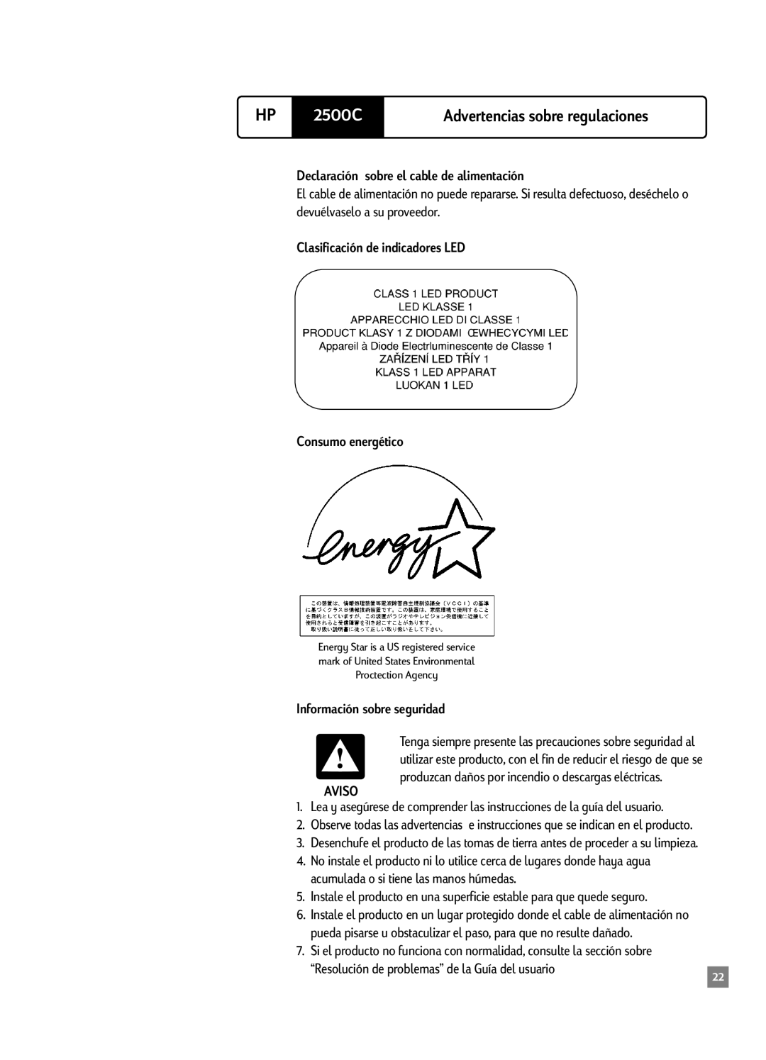 BellSouth 2500C manual Declaración sobre el cable de alimentación, Clasificación de indicadores LED Consumo energético 