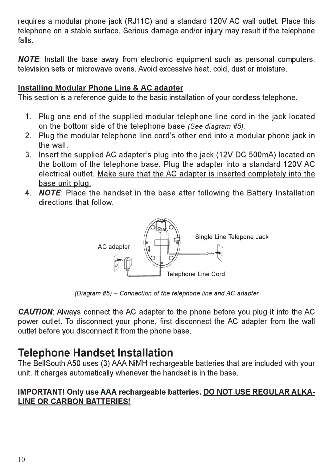 BellSouth A50 user manual Telephone Handset Installation, Installing Modular Phone Line & AC adapter 