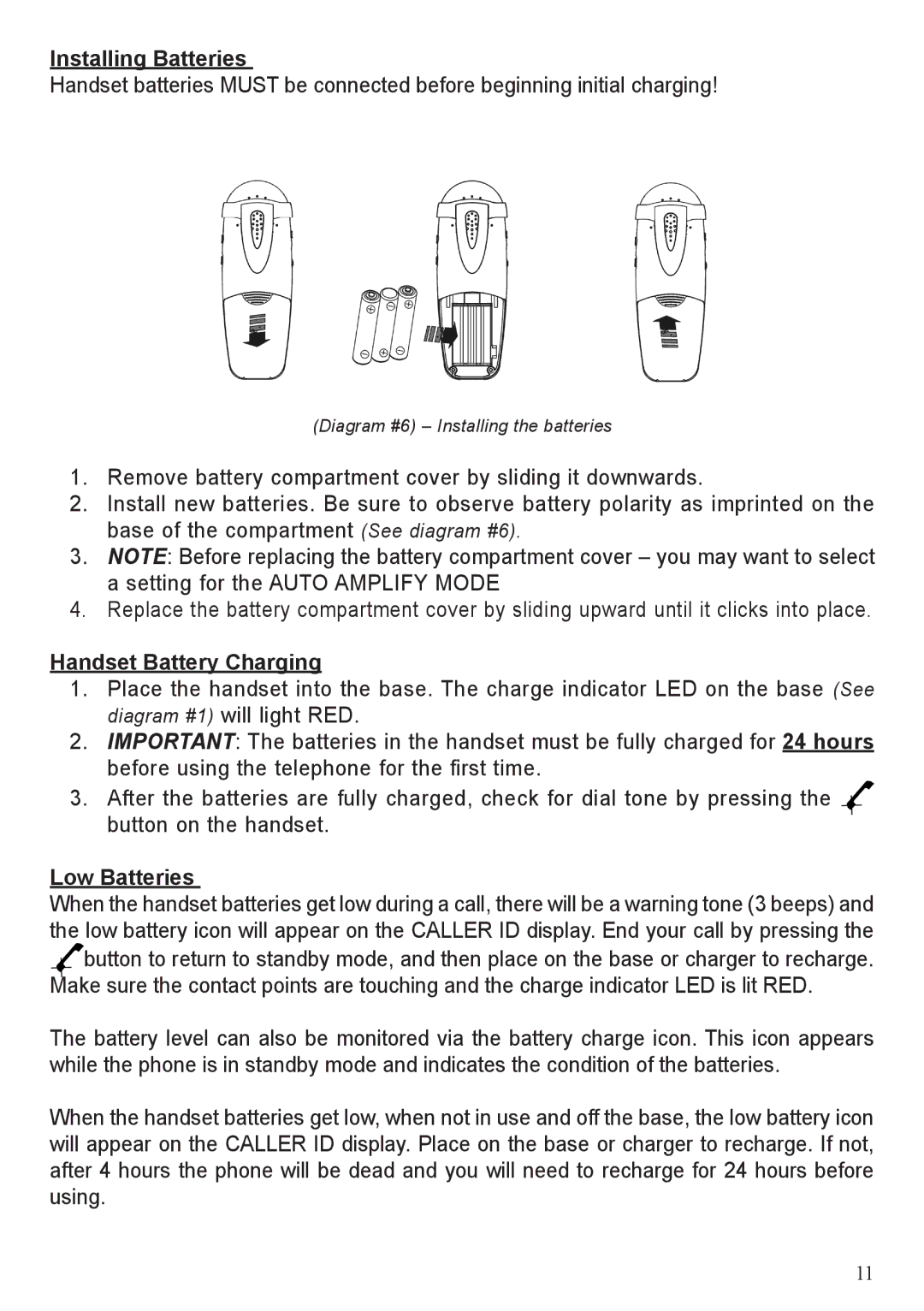 BellSouth A50 user manual Installing Batteries, Handset Battery Charging, Low Batteries 