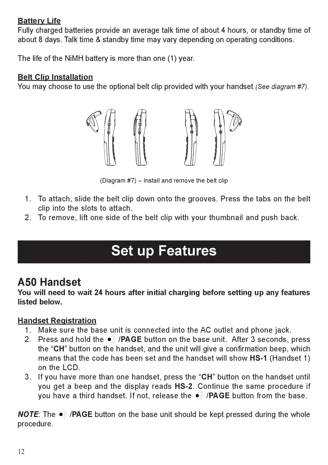 BellSouth user manual Set up Features, A50 Handset, Battery Life, Belt Clip Installation 