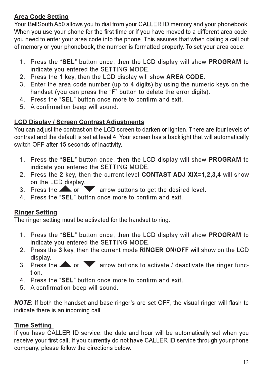 BellSouth A50 user manual Area Code Setting, LCD Display / Screen Contrast Adjustments, Ringer Setting, Time Setting 