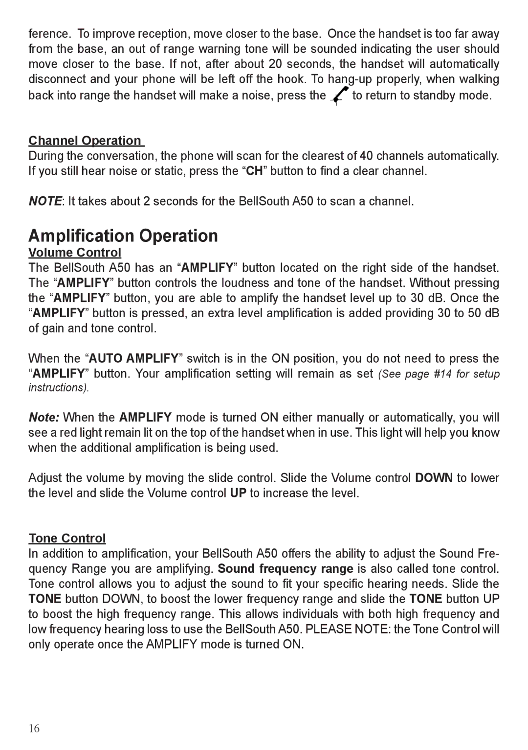 BellSouth A50 user manual Amplification Operation, Channel Operation, Volume Control, Tone Control 