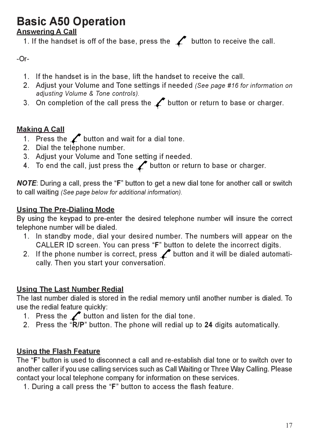 BellSouth A50 user manual Answering a Call, Making a Call, Using The Pre-Dialing Mode, Using The Last Number Redial 