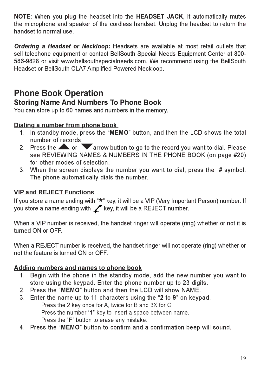 BellSouth A50 user manual Phone Book Operation, Dialing a number from phone book, VIP and Reject Functions 