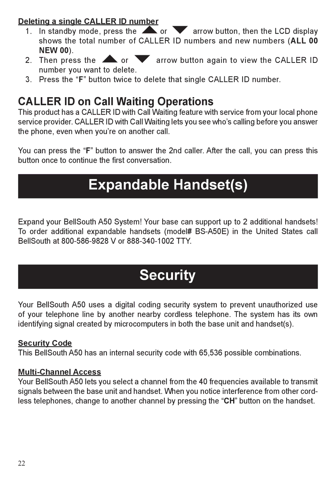 BellSouth A50 user manual Expandable Handsets, Security, Caller ID on Call Waiting Operations 