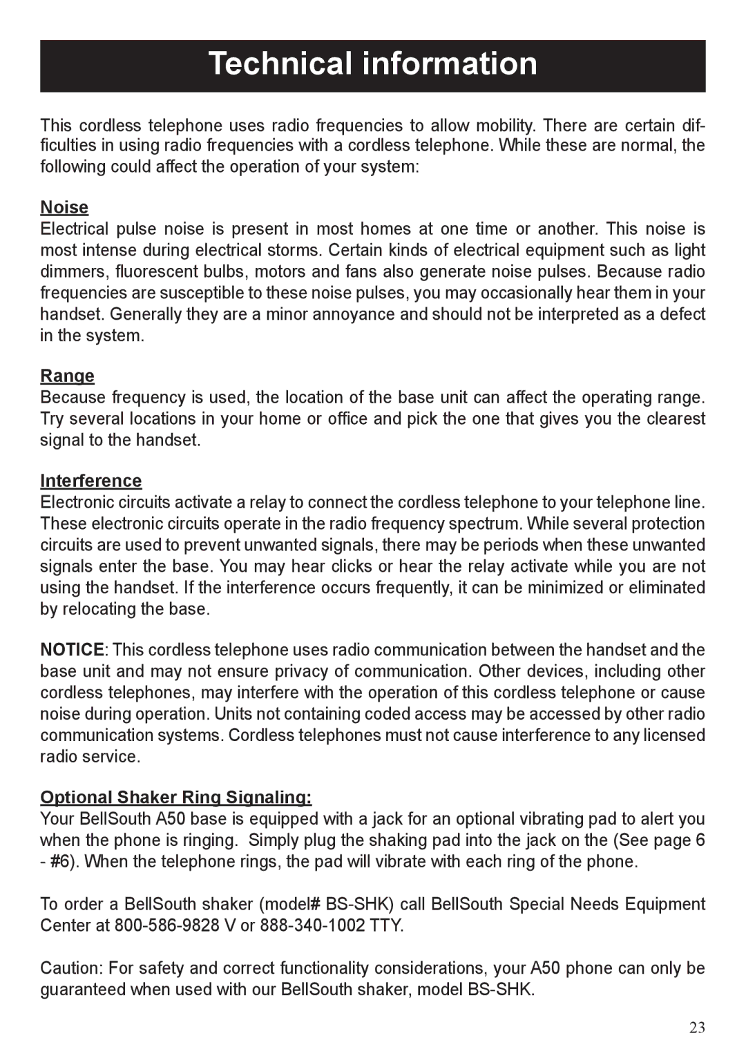 BellSouth A50 user manual Technical information, Noise, Range, Interference, Optional Shaker Ring Signaling 