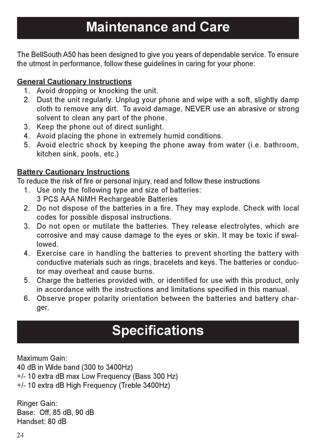 BellSouth A50 Maintenance and Care, Specifications, General Cautionary Instructions, Battery Cautionary Instructions 