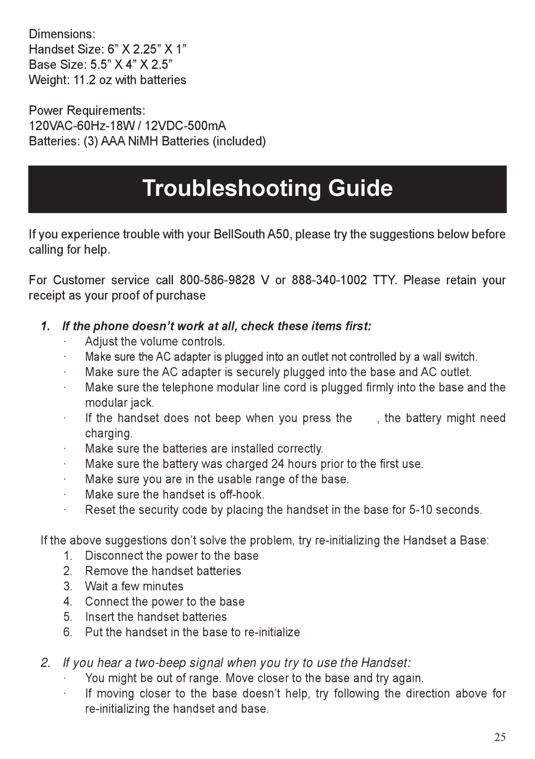 BellSouth A50 user manual Troubleshooting Guide, If the phone doesn’t work at all, check these items first 