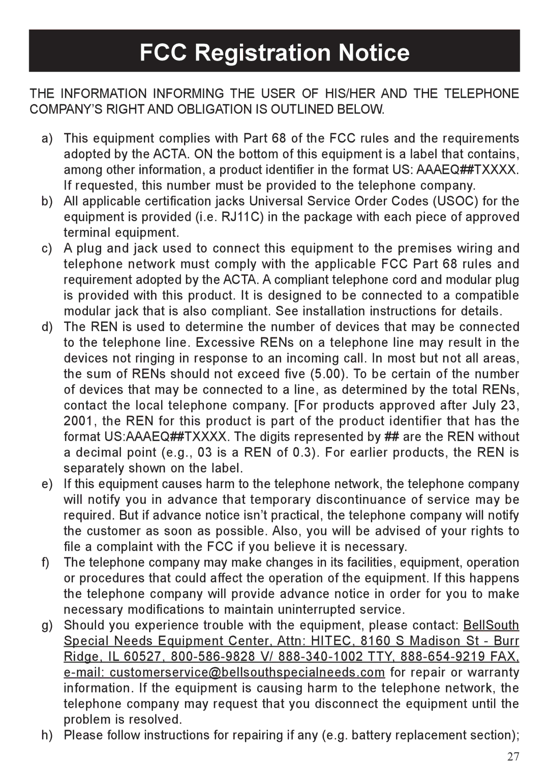 BellSouth A50 user manual FCC Registration Notice 