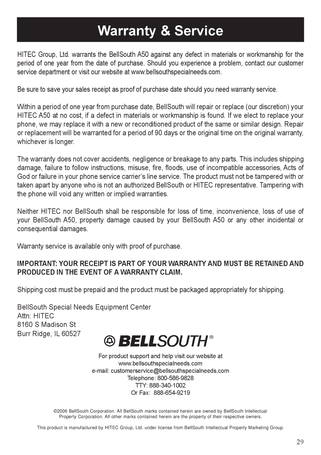 BellSouth A50 user manual Warranty & Service 