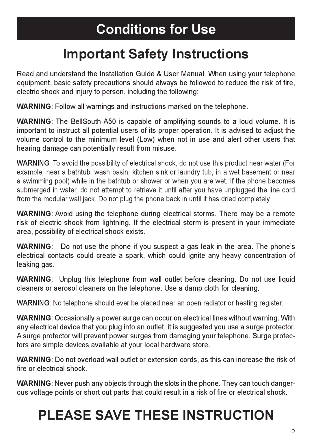 BellSouth A50 user manual Conditions for Use, Please Save These Instruction 