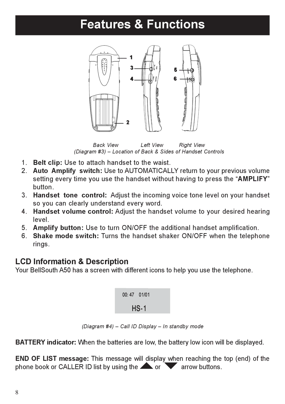 BellSouth A50 user manual LCD Information & Description 