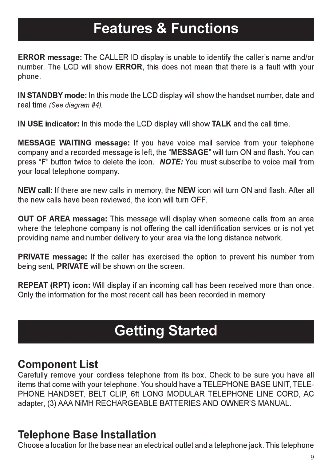 BellSouth A50 user manual Getting Started, Component List Telephone Base Installation 