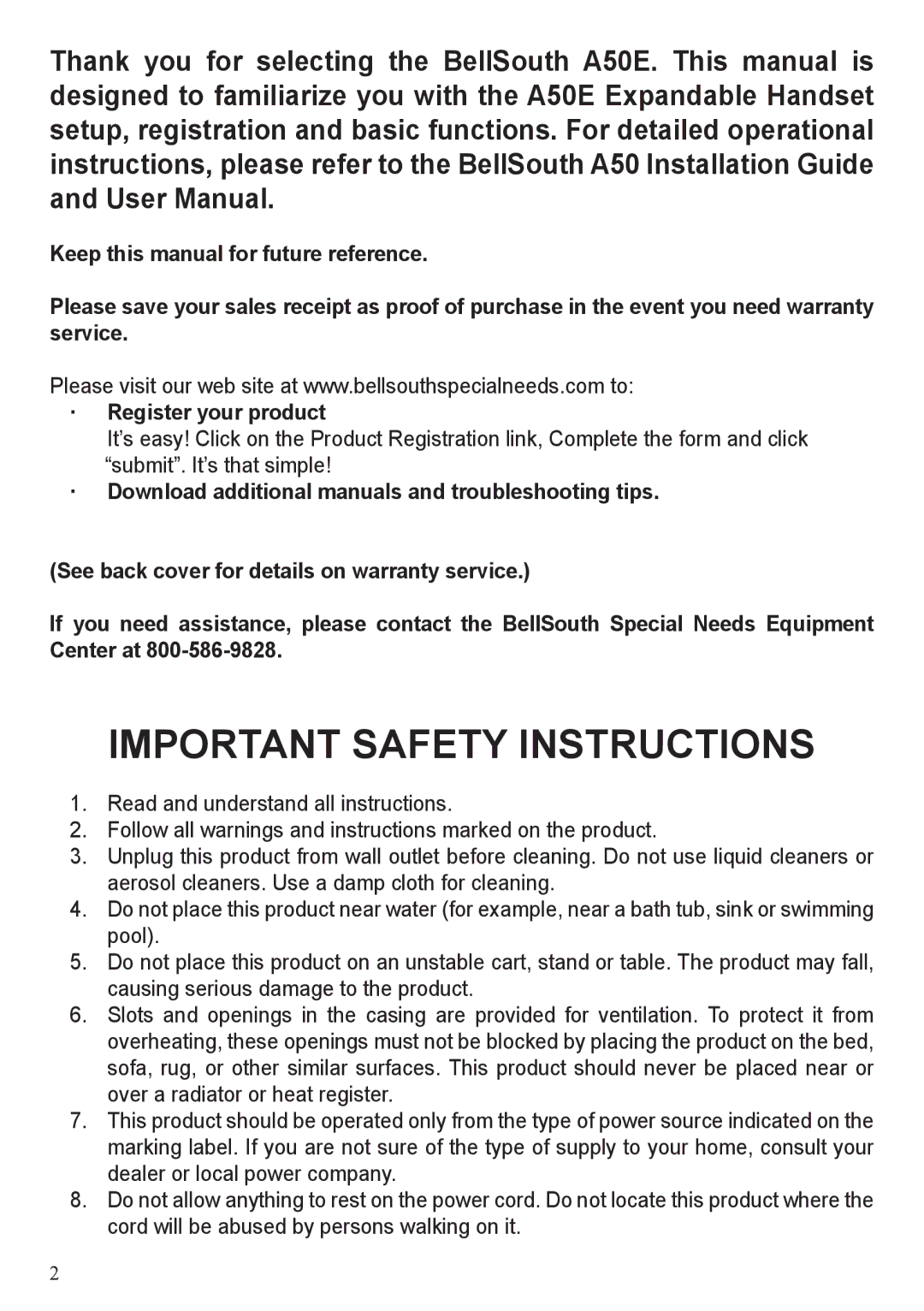 BellSouth A50E user manual Important Safety Instructions 