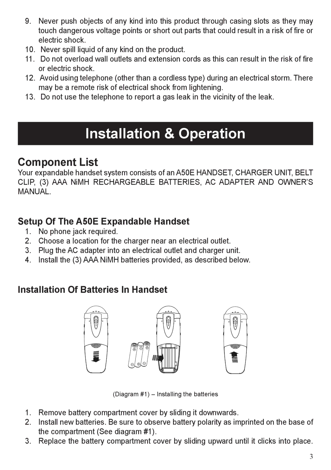 BellSouth user manual Installation & Operation, Component List, Setup Of The A50E Expandable Handset 