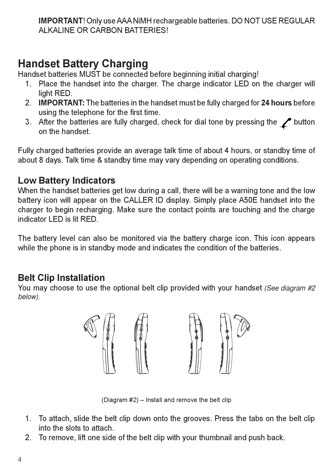 BellSouth A50E user manual Handset Battery Charging, Low Battery Indicators, Belt Clip Installation 