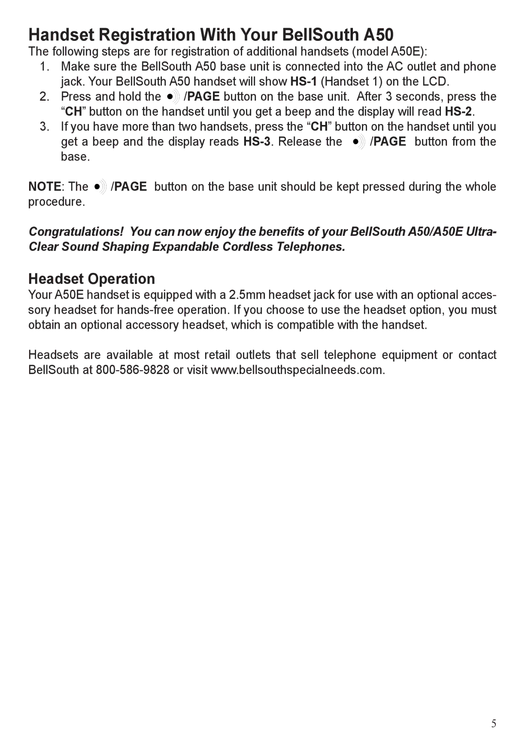 BellSouth A50E user manual Handset Registration With Your BellSouth A50, Headset Operation 