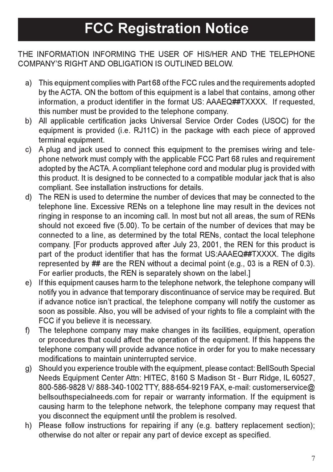 BellSouth A50E user manual FCC Registration Notice 