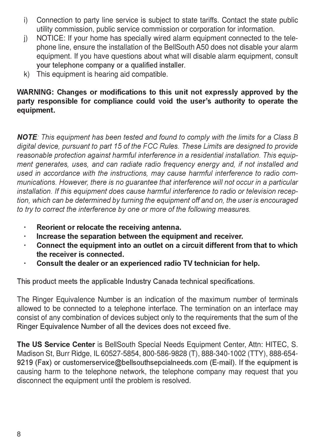 BellSouth A50E user manual This equipment is hearing aid compatible 