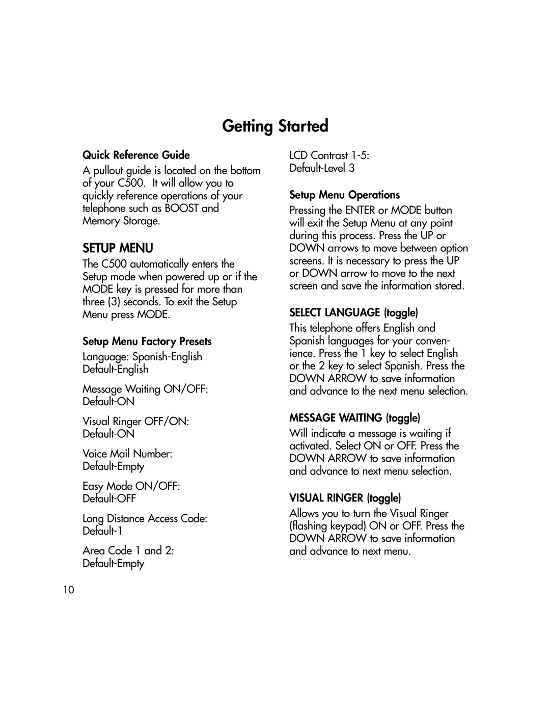BellSouth C500 owner manual Setup Menu, Select Language toggle, Message Waiting toggle, Visual Ringer toggle 