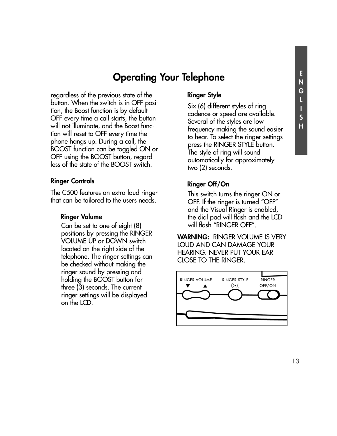 BellSouth C500 owner manual Ringer Controls, Ringer Volume 