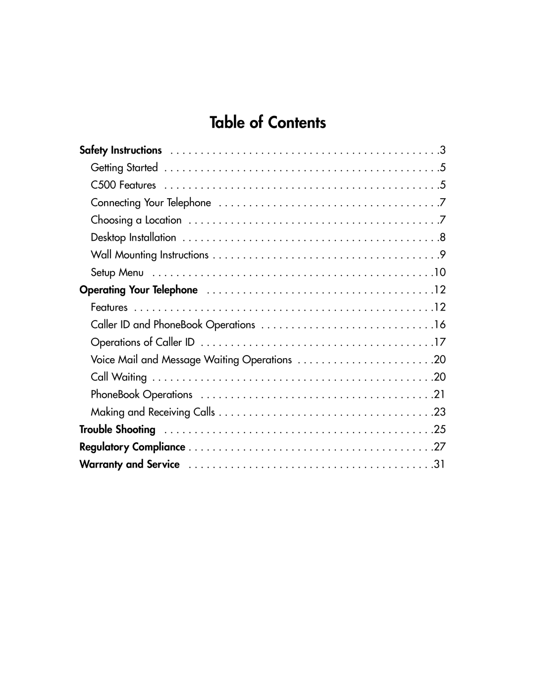 BellSouth C500 owner manual Table of Contents 