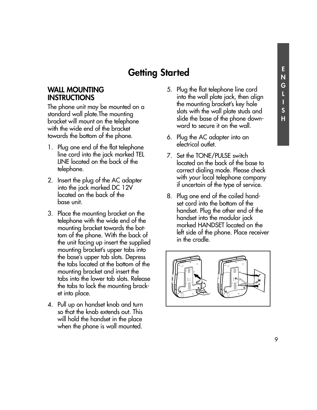 BellSouth C500 owner manual Wall Mounting Instructions, Plug the AC adapter into an electrical outlet 