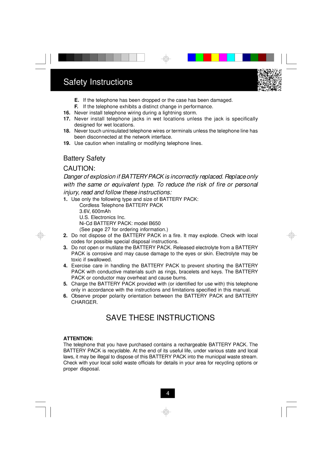 BellSouth MH9915 owner manual Battery Safety 